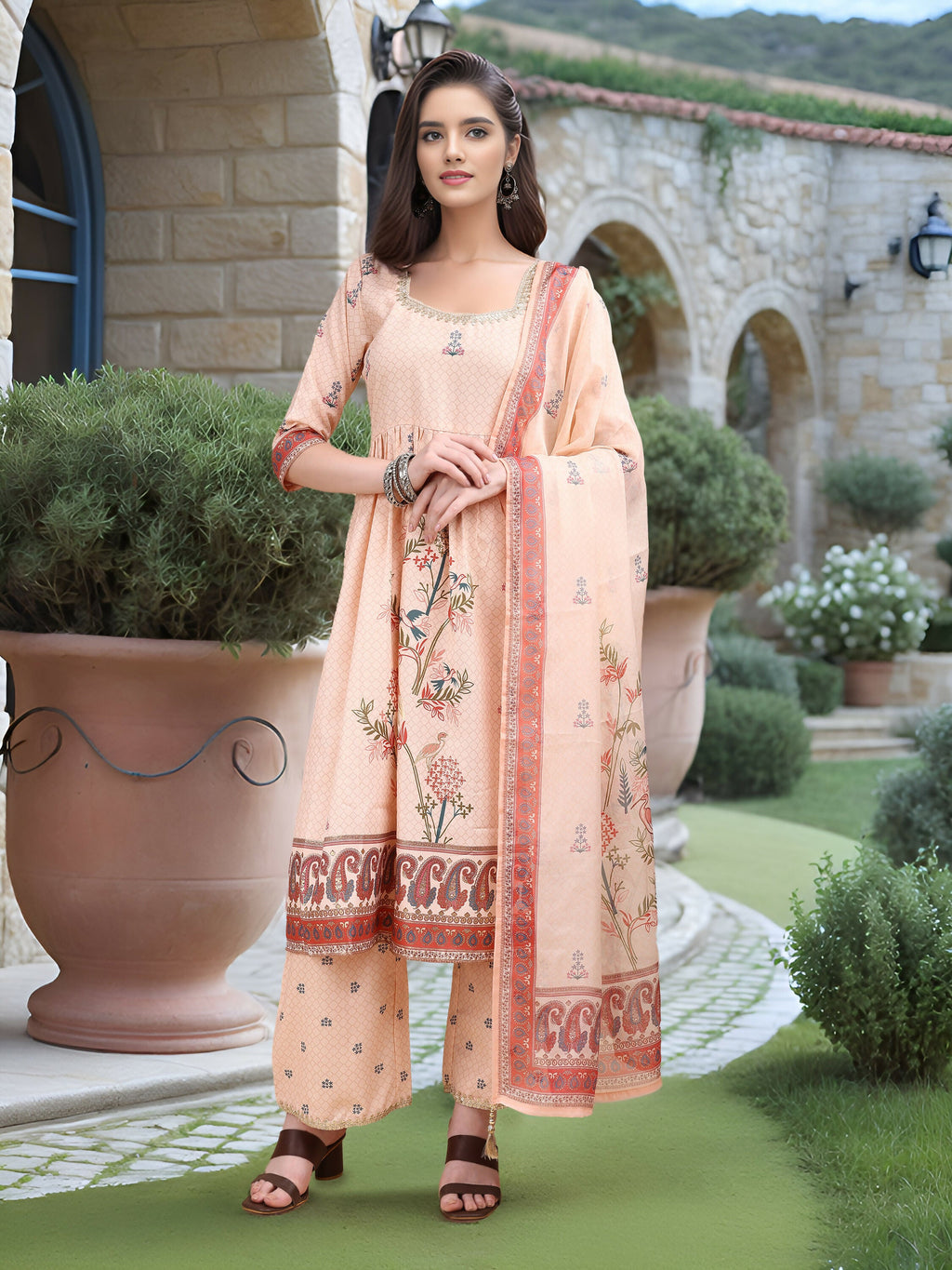 Joban Fashion Peach Position Digital Print With Position Foil Kurta Set | Grocsy