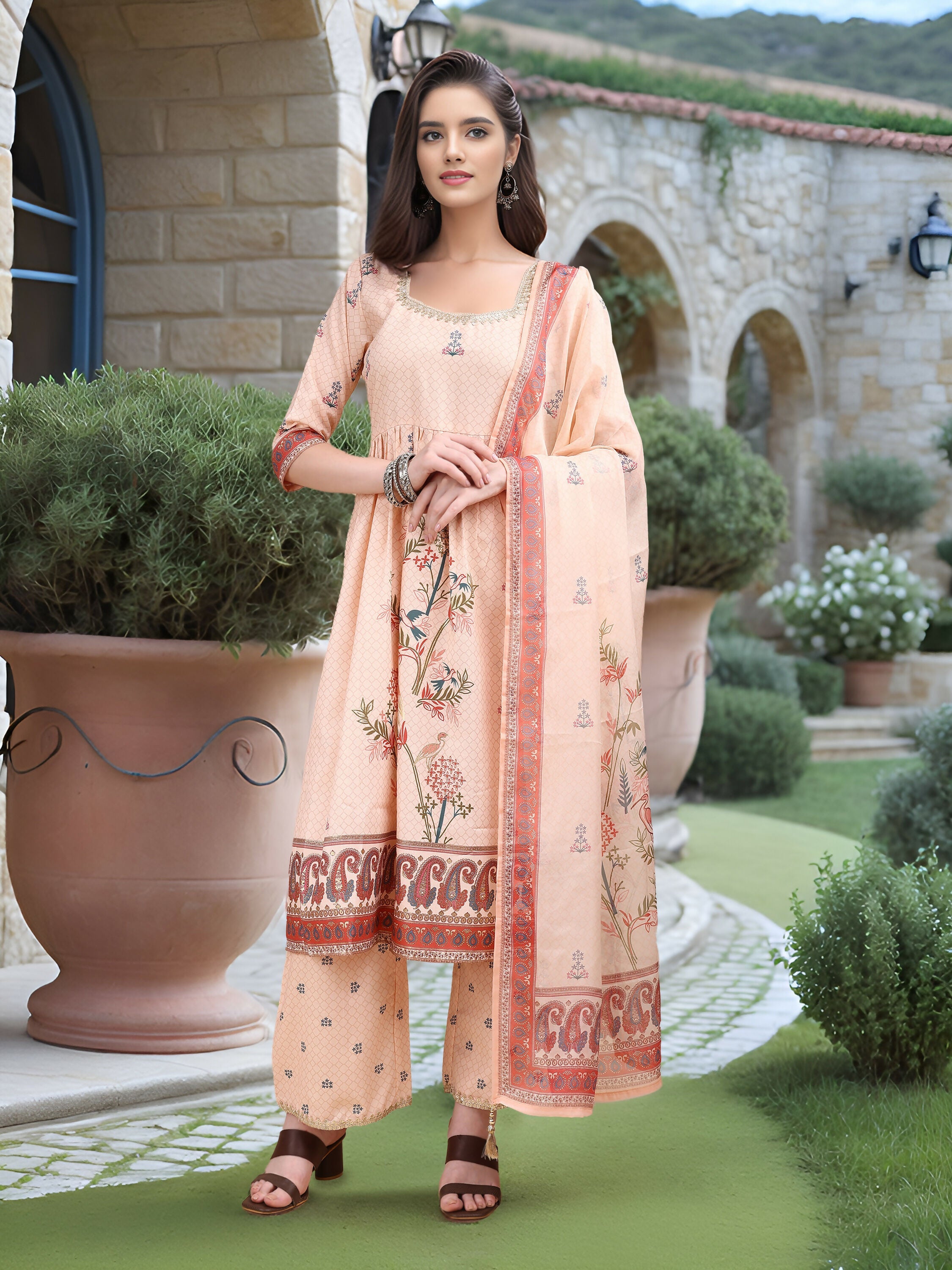 Joban Fashion Peach Position Digital Print With Position Foil Kurta Set | Grocsy