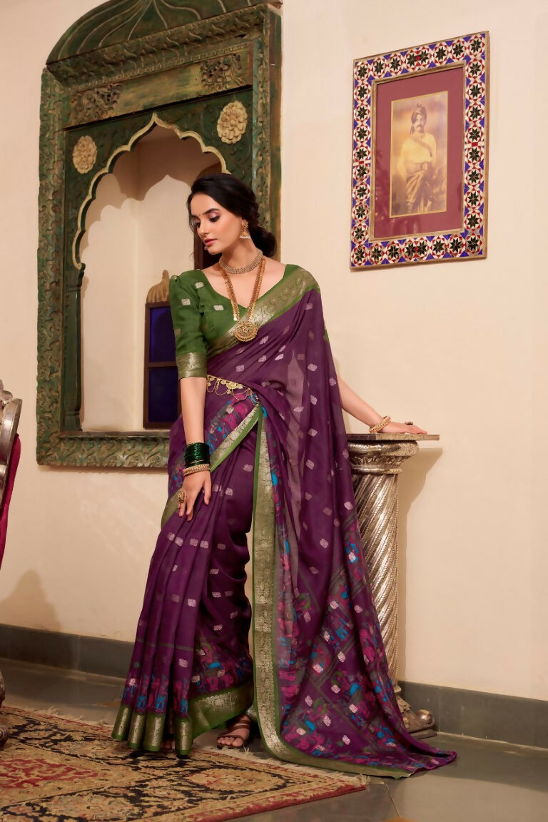 Vastranavya Wine Poly Cotton Kalamkari Printed Saree with Unstitched Blouse | Grocsy
