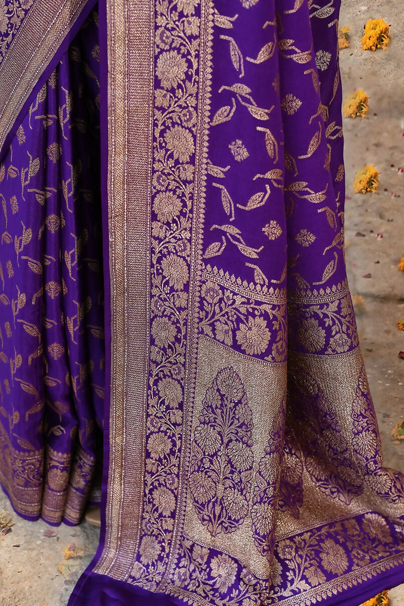 Joban Fashion Purple Crepe Chiffon Pure Handloom Banarasi Silk Saree | Grocsy