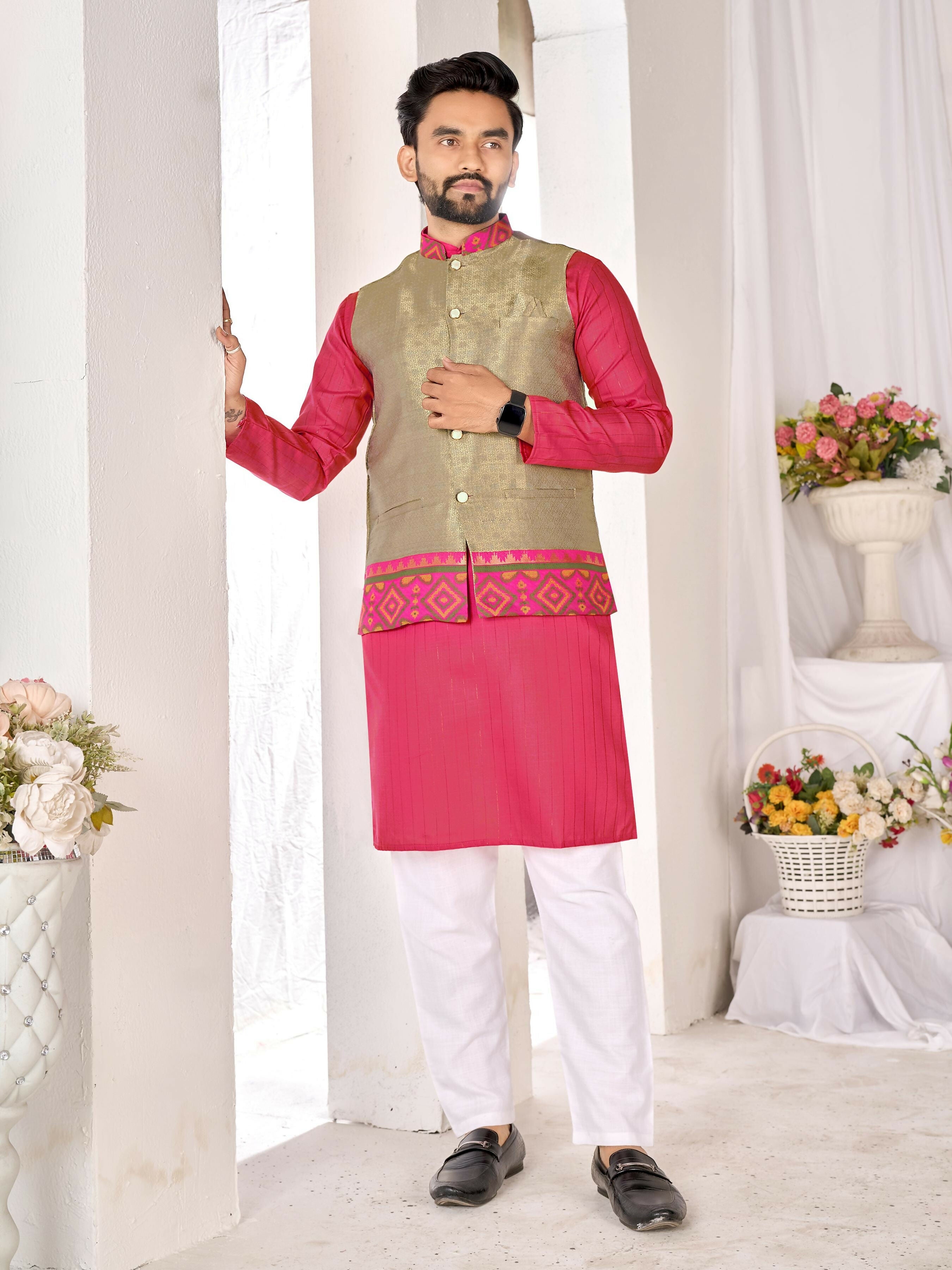 Anaita Mehendi Cotton Straight Kurta Payjama & Koti With Jequard Work | Grocsy