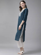 Yufta Women Blue And White Embroidered Kurta with Trouser & With Dupatta | Grocsy