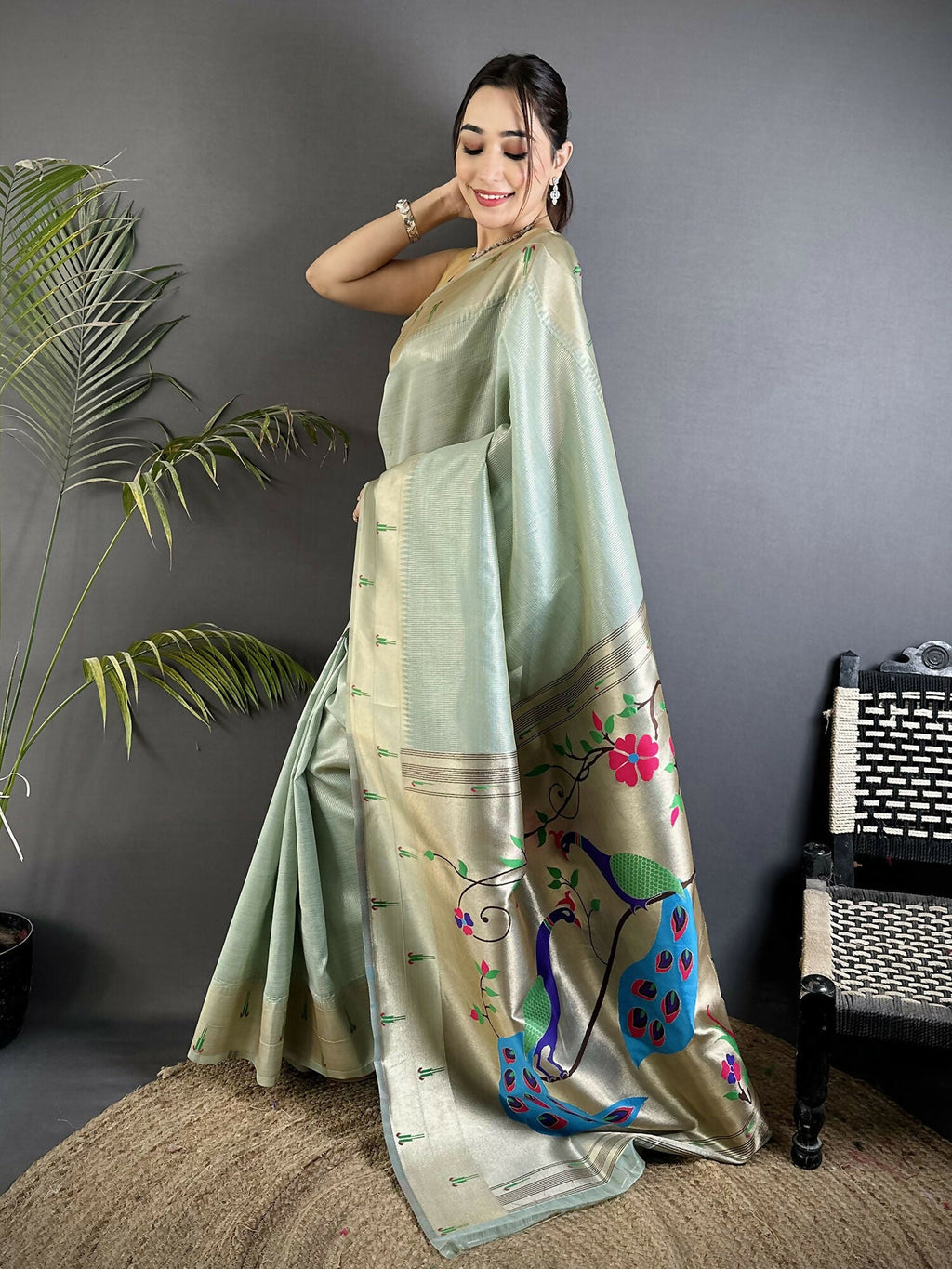 Joban Fashion Pale Blue Peacock & Floral Motifs Tissue Paithani Saree | Grocsy