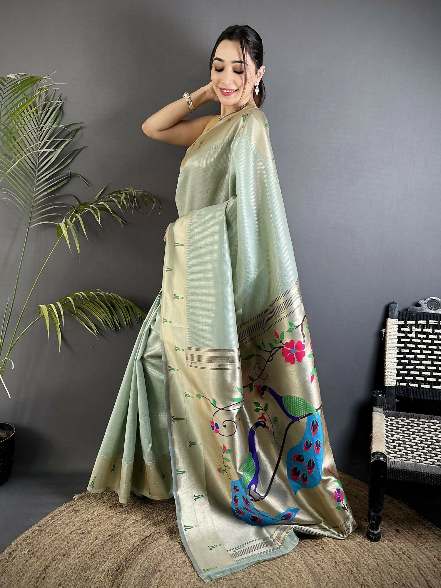 Joban Fashion Pale Blue Peacock & Floral Motifs Tissue Paithani Saree | Grocsy