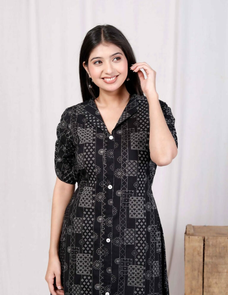 Miravan Women's Pure Cotton Black Floral Printed Front Button A-Line Midi Dress | Grocsy