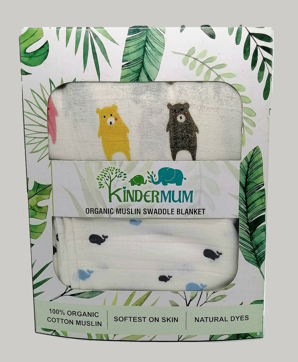 Kindermum Organic Cotton Muslin Swaddle Blanket 110 Cm X 110 Cm - Set Of 2 - Bear And Whale | Grocsy