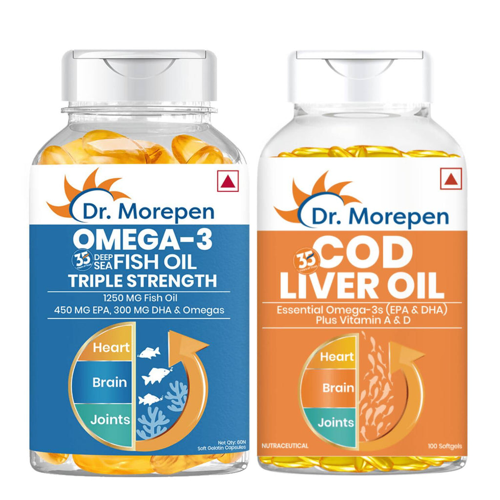 Dr. Morepen COD Liver Oil Softgels and Omega 3 Deep Sea Fish Oil Softgels Combo | Grocsy
