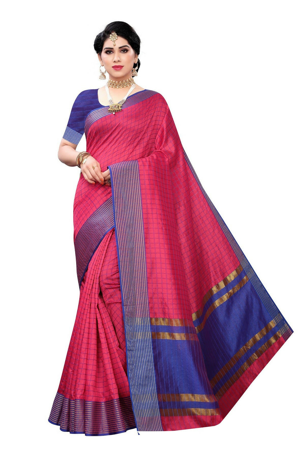 Vamika Pink and Blue Cotton Silk Weaving Saree (Manipuri Pink) | Grocsy