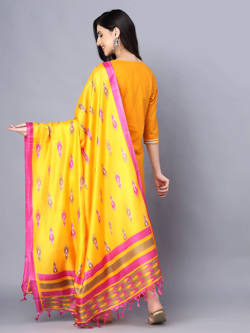 Myshka Women Mustard Yellow Pure Cotton Kurta with Trousers With Dupatta | Grocsy
