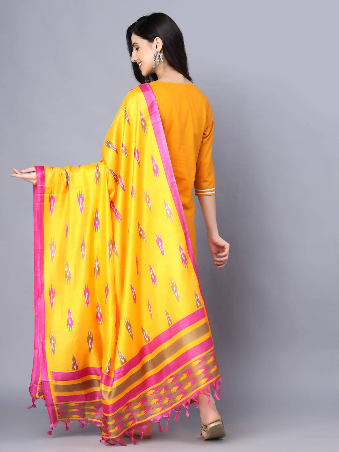 Myshka Women Mustard Yellow Pure Cotton Kurta with Trousers With Dupatta | Grocsy