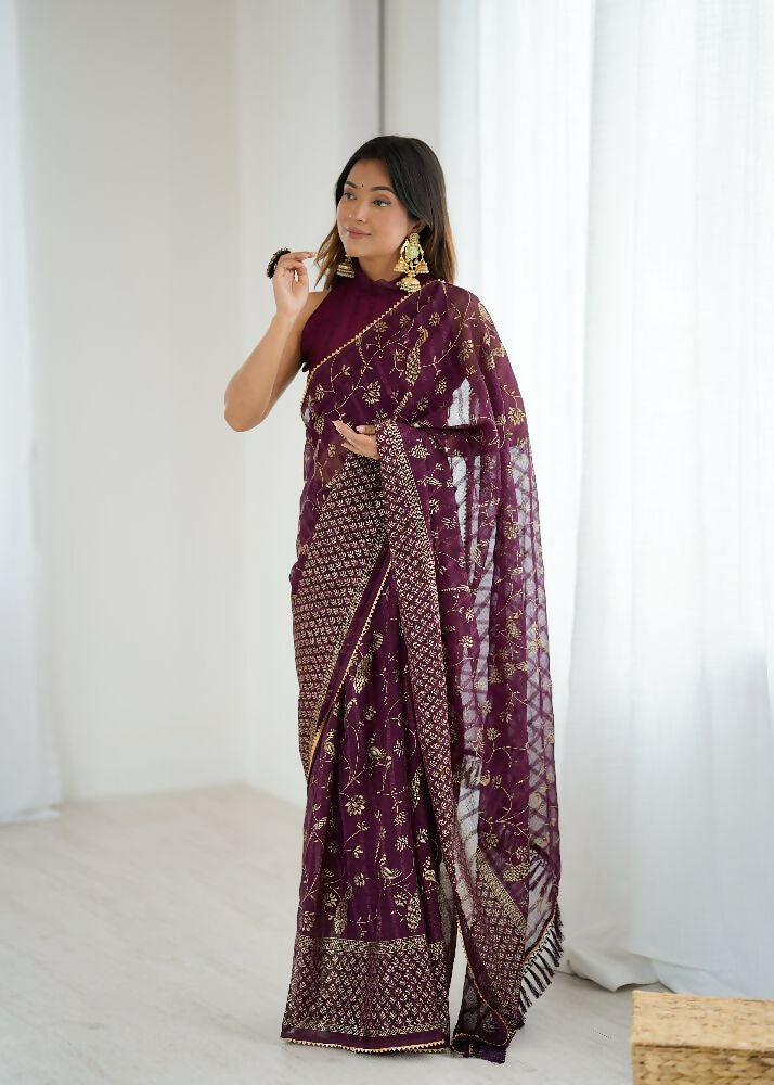 PR Fashion Wine Georgette Patta Plain With Foil Work And Small Lace And Zalar Lace Saree | Grocsy
