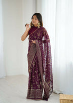 PR Fashion Wine Georgette Patta Plain With Foil Work And Small Lace And Zalar Lace Saree | Grocsy