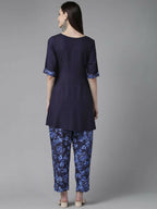 Ahalyaa Women Navy Blue Rayon Wax Printed Angrakha Gotta Patti Tunic With Trousers | Grocsy