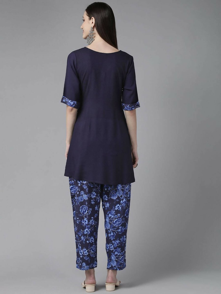 Ahalyaa Women Navy Blue Rayon Wax Printed Angrakha Gotta Patti Tunic With Trousers | Grocsy