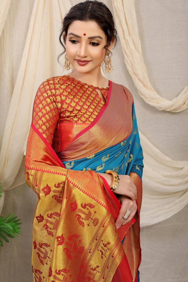 Jyoti Fashion Women's Firozi Banarasi Silk Zari Woven Saree with Blouse | Grocsy