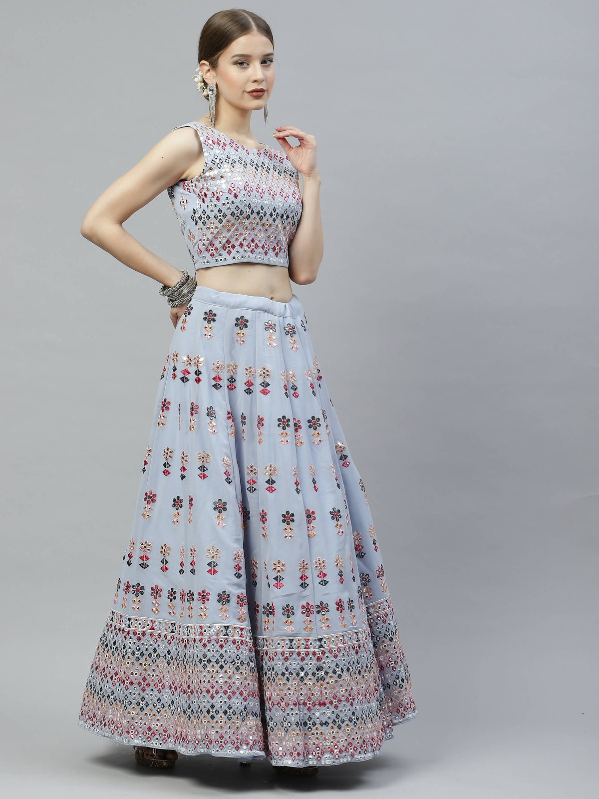Sky Blue Georgette Heavy Embroidery mirror Work Lehenga Choli with Dupatta - Jivika | Grocsy