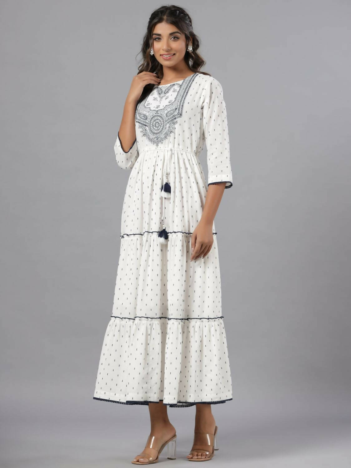 Juniper Women Off-White Cotton Dobby Embroidered Tiered Maxi Dress | Grocsy