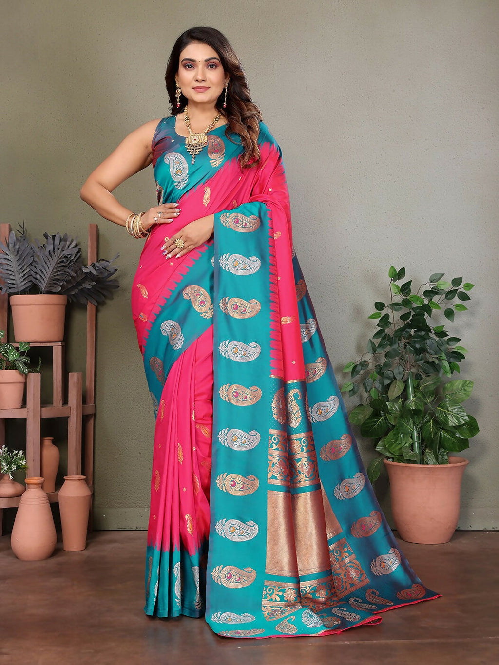 Joban Fashion Banarasi Pink ButtiSoft Silk Saree | Grocsy