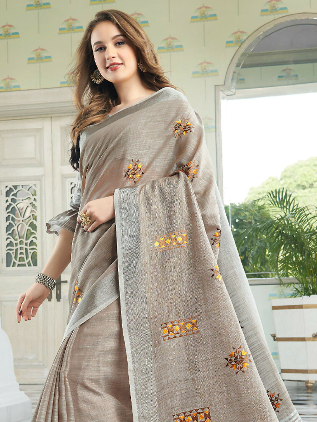 Shree Shyam Fashion Linen Light Beige Saree | Grocsy