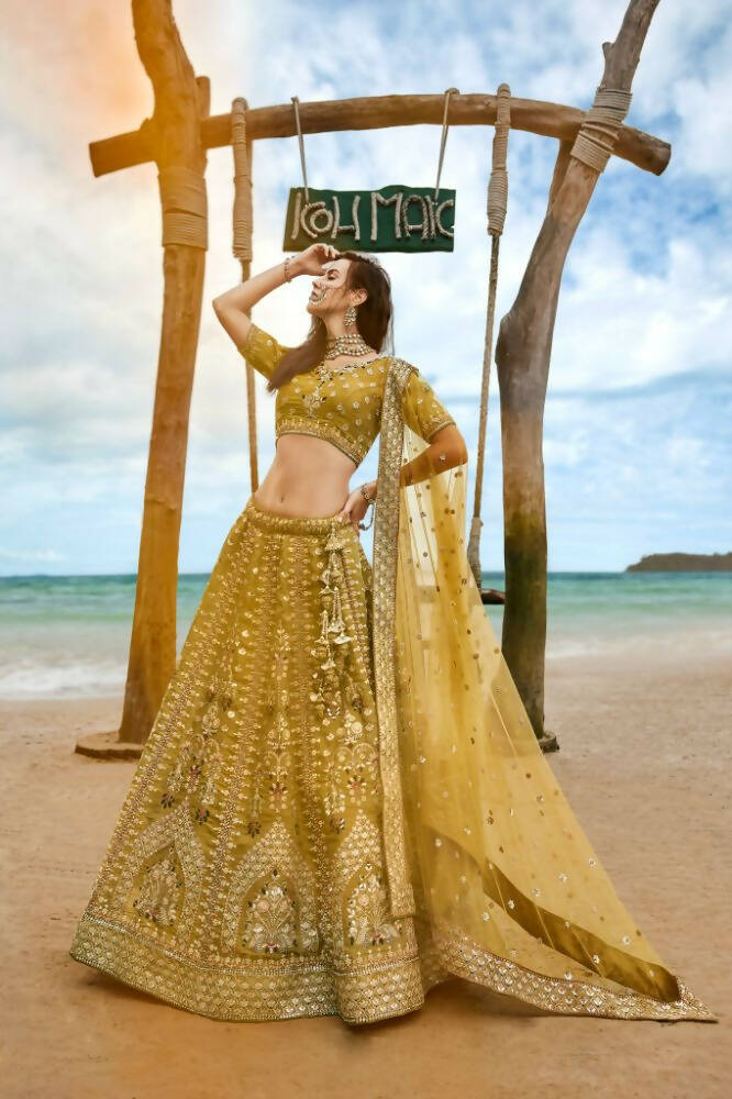 House of Panchhi Mustard Bridel Net Sequins, Moti, Mirror And Thread Embroidery Lehenga Choli & Dupatta | Grocsy