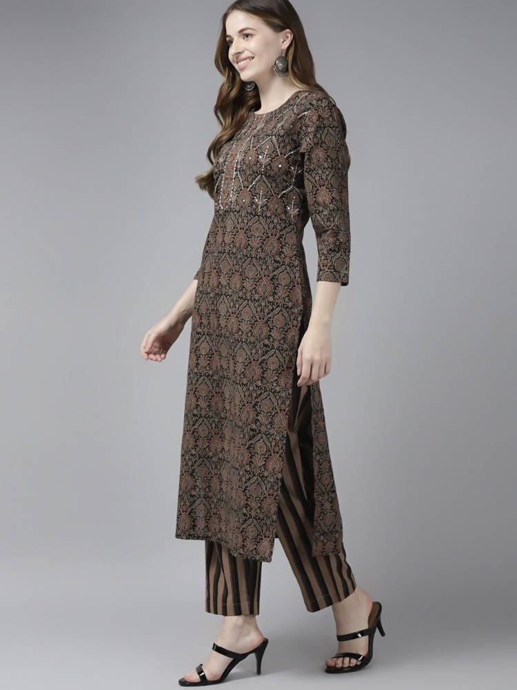 Yufta Women Black Ethnic Motifs Printed Pure Cotton Kurta with Trouser and Dupatta | Grocsy