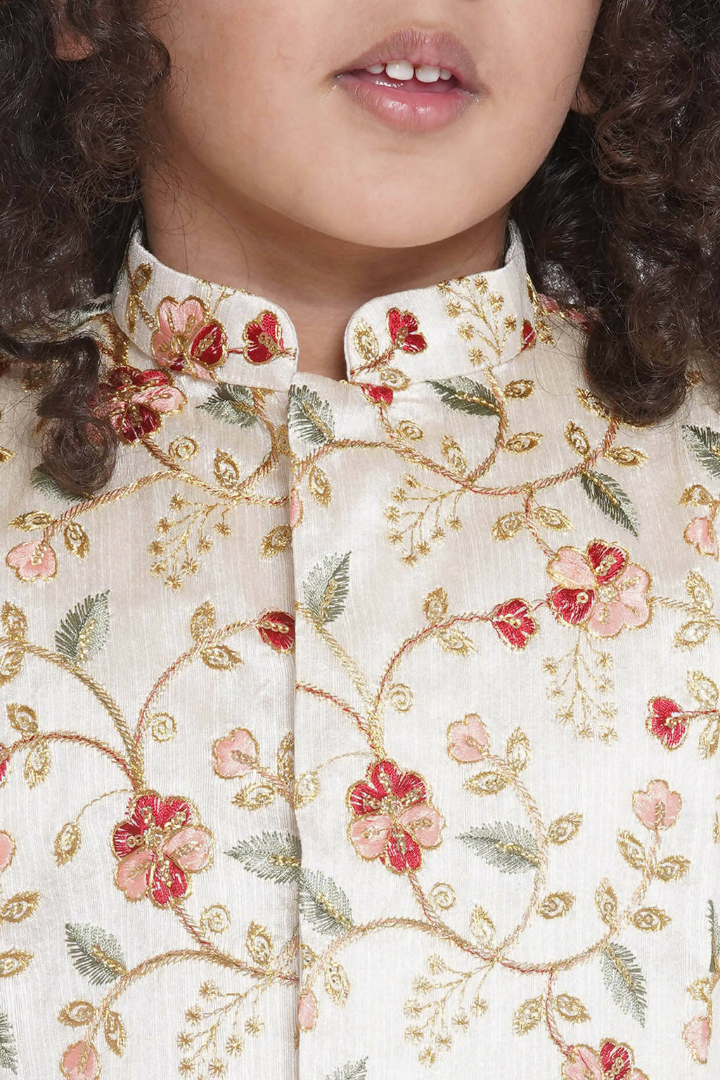 Little Bansi Banarsi Floral Embroidery Jacket Wth Cotton Kantha kurta And Kantha Dhoti - Cream | Grocsy