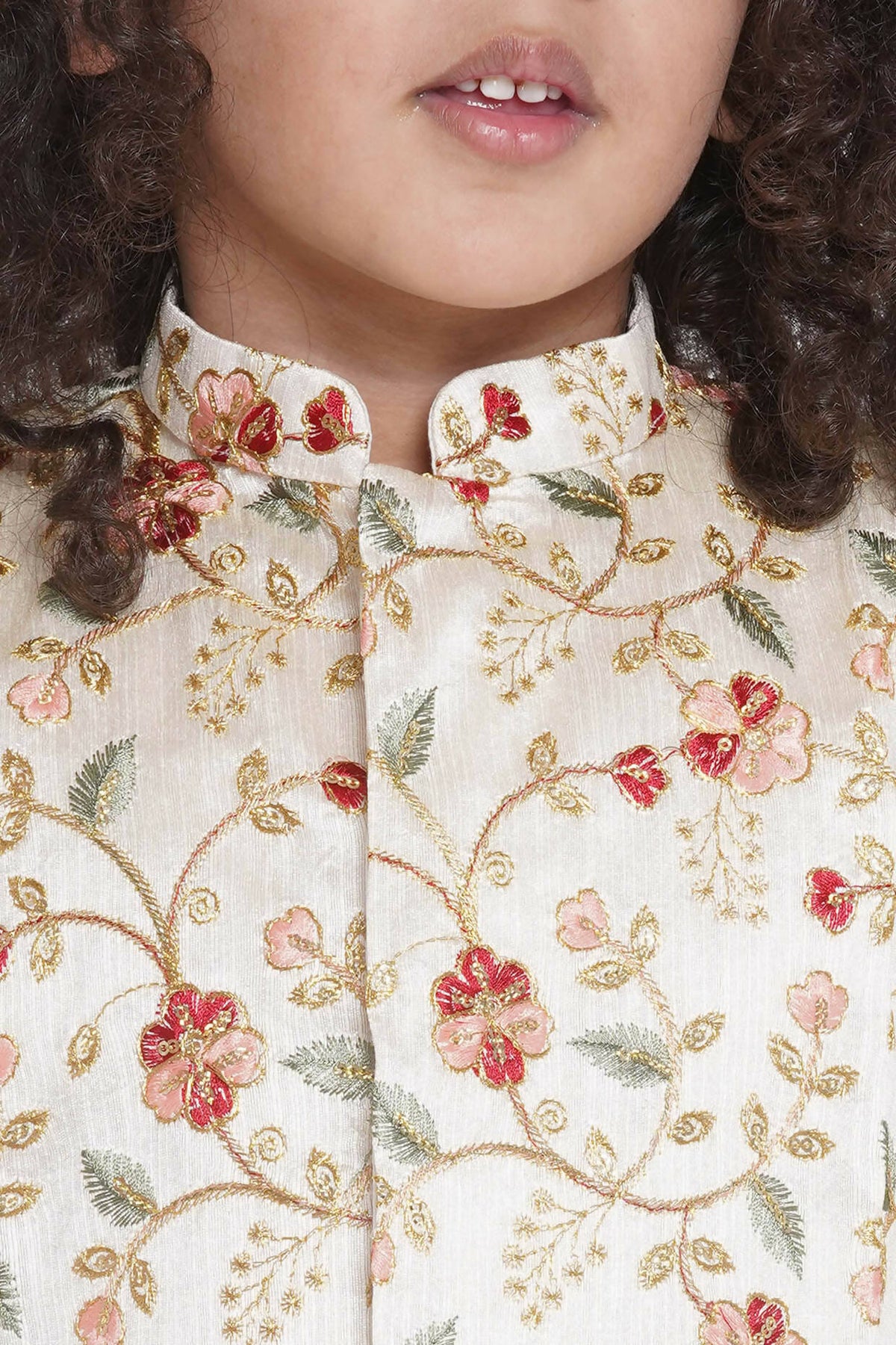 Little Bansi Banarsi Floral Embroidery Jacket Wth Cotton Kantha kurta And Kantha Dhoti - Cream | Grocsy