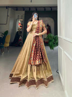 Vastranavya Traditional Jacquard Vichitra Silk Lehenga Choli - Chiku | Grocsy