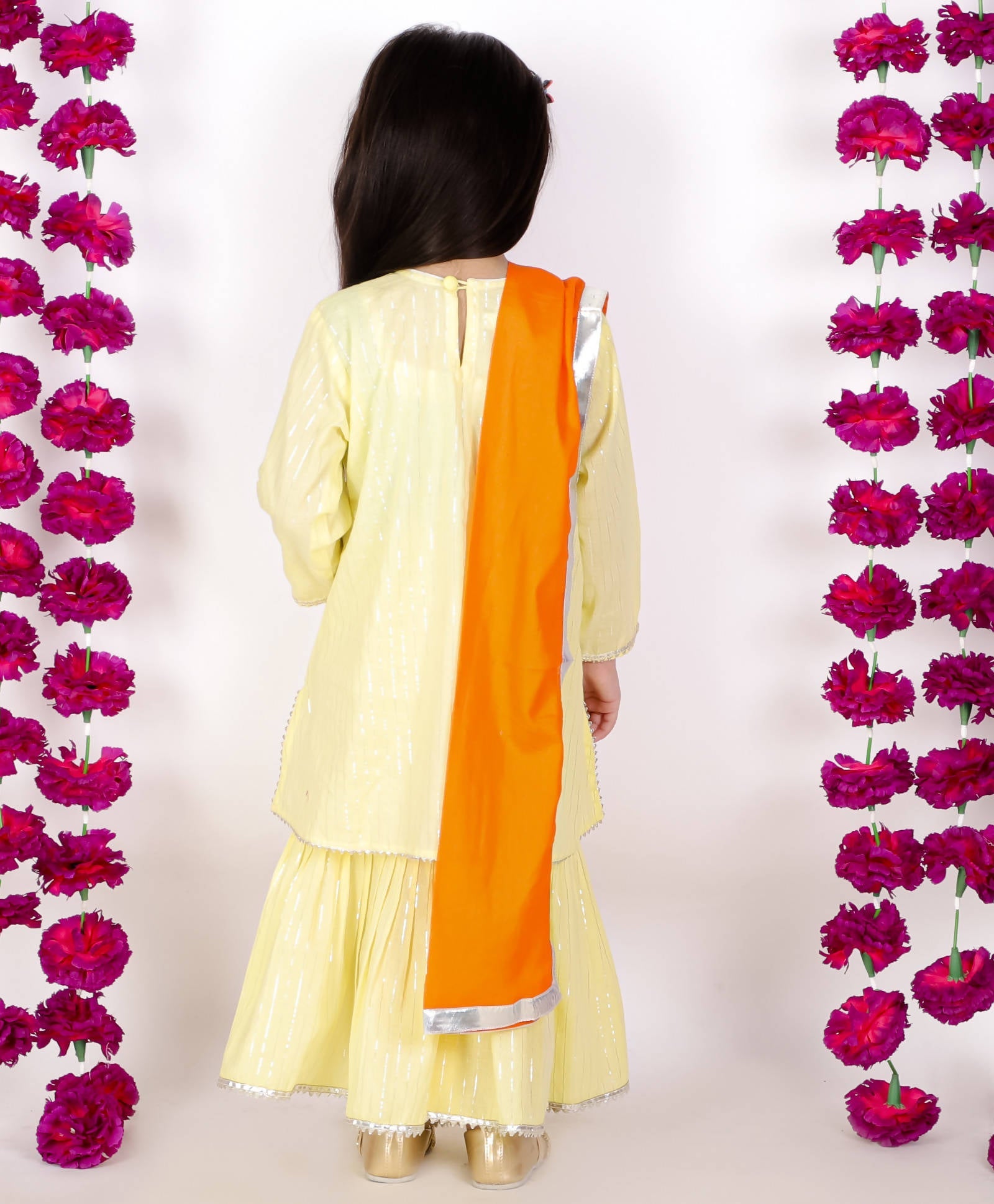 Little Bansi Girls Yellow & Orange Color Mirror work Kurta frock with Sharara & Dupatta | Grocsy