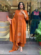 The52 Orange Women's Gorgeous Chanderi Fabric Embroidered Work Straight Kurta Pant and Dupatta Set | Grocsy