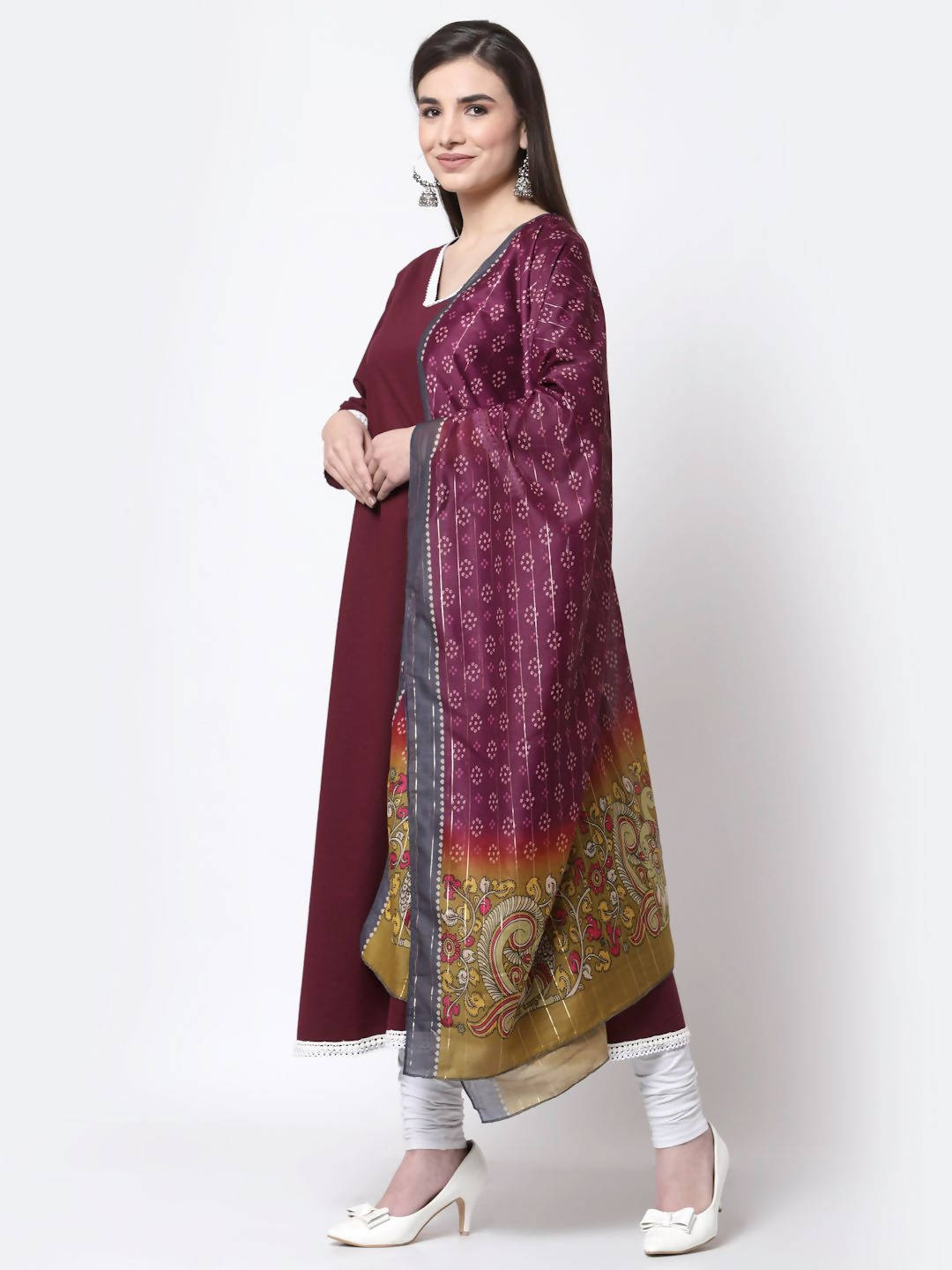 Myshka Burgandy Printed Cotton Full Sleeve V Neck Casual Kurta Dupatta Set | Grocsy