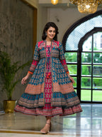 Juniper Women's Teal Ethnic Motif Printed Cotton Dress With Coins Thread & Mirror Work | Grocsy