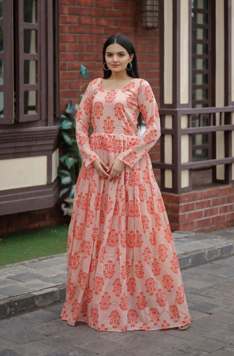 Jyoti Fashion Women's Peach Heavy Digital Printed Pure Chanderi Anarkali Dress | Grocsy