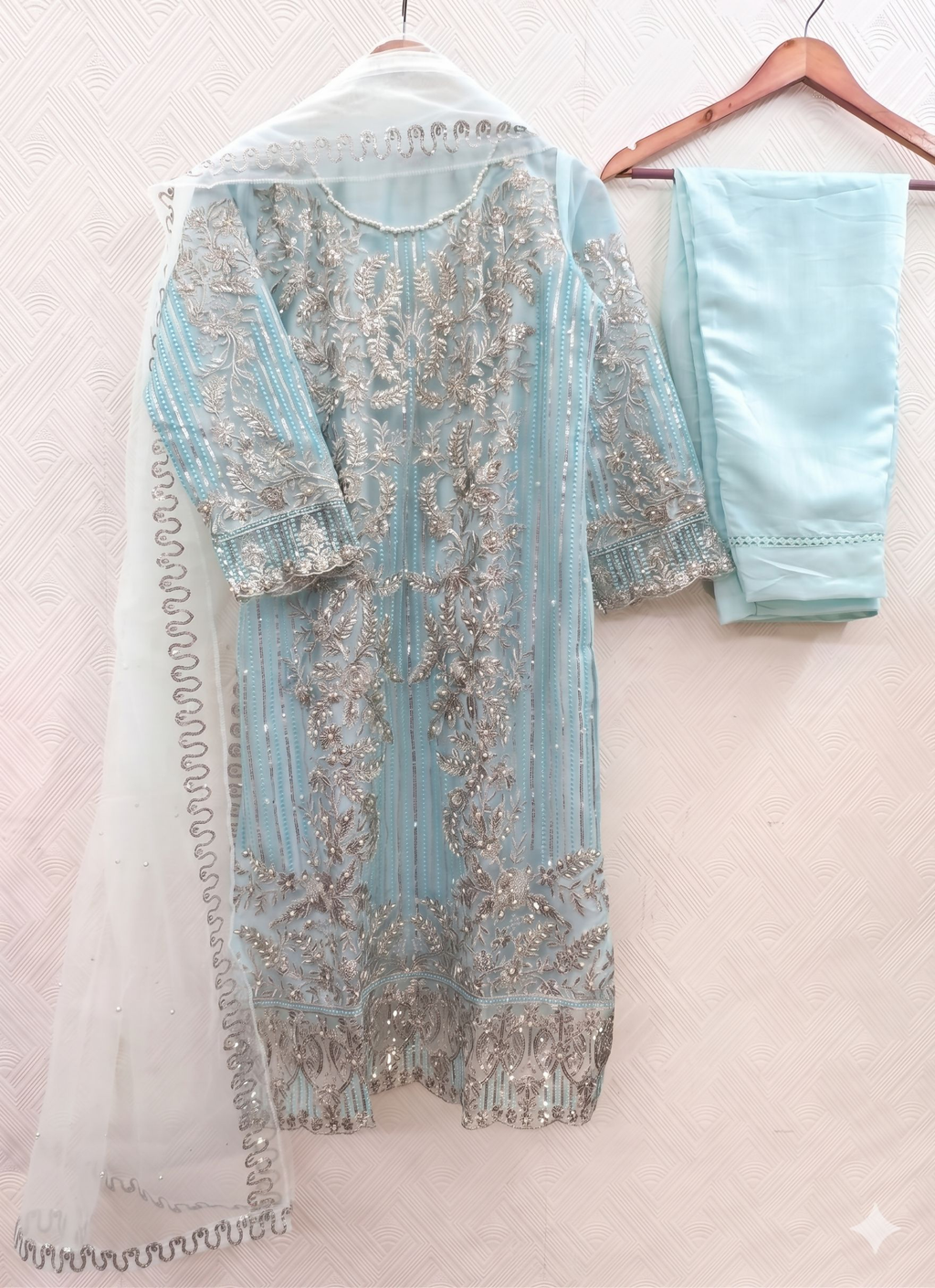 Teeya Creation Womens New Soft Net With Heavy Embroiedery With Sequence Work Sky-Blue Kurta Set | Grocsy