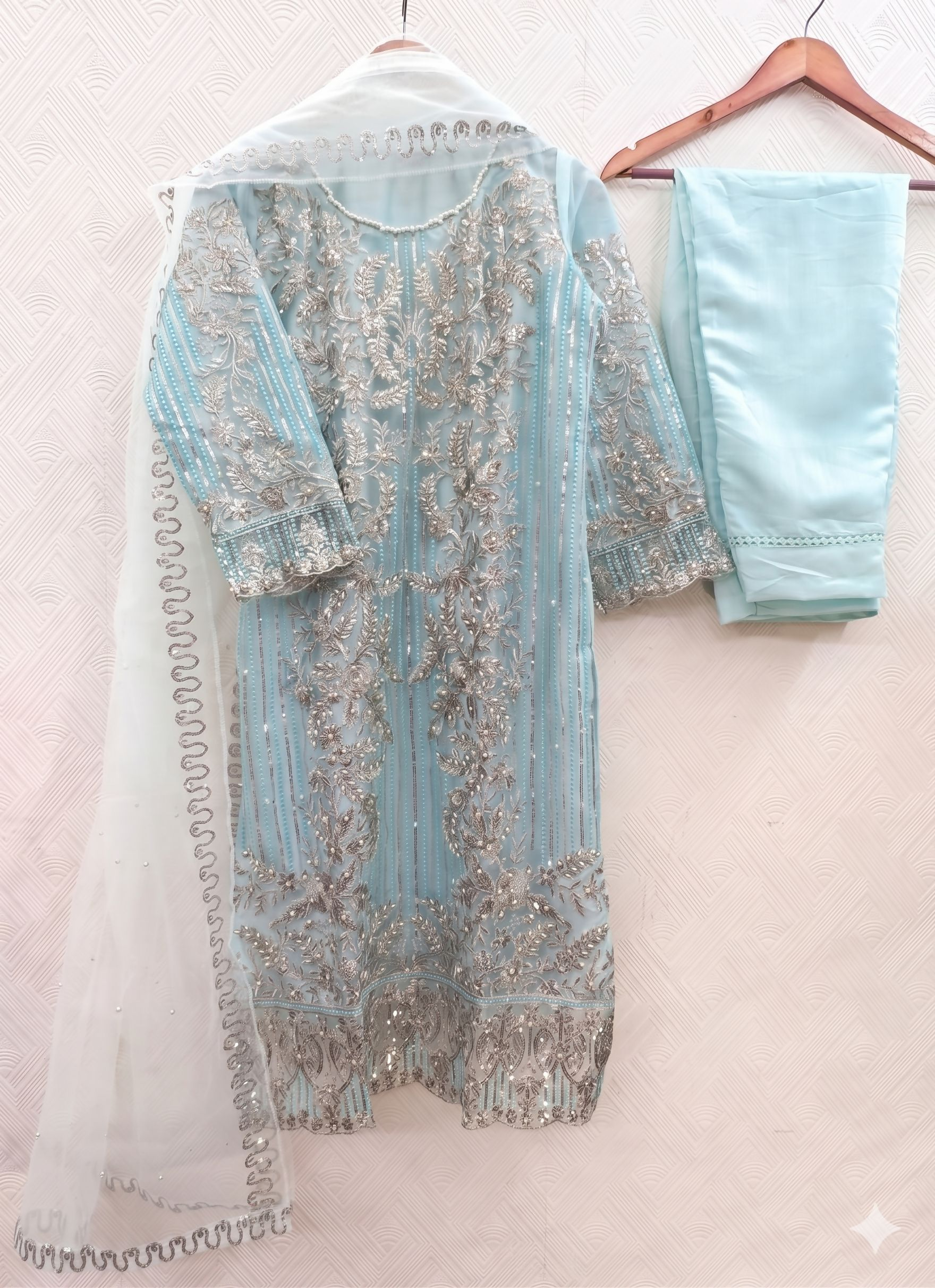 Teeya Creation Womens New Soft Net With Heavy Embroiedery With Sequence Work Sky-Blue Kurta Set | Grocsy