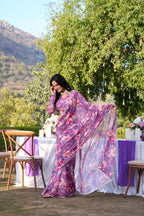 Vastranavya Onion Weightless Marble Printed & Pearl Lace Border Saree with Unstitched Blouse | Grocsy