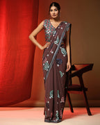 Brown Pure Georgette Sequence work Ready to wear Saree with stitched Blouse - Nirvana | Grocsy