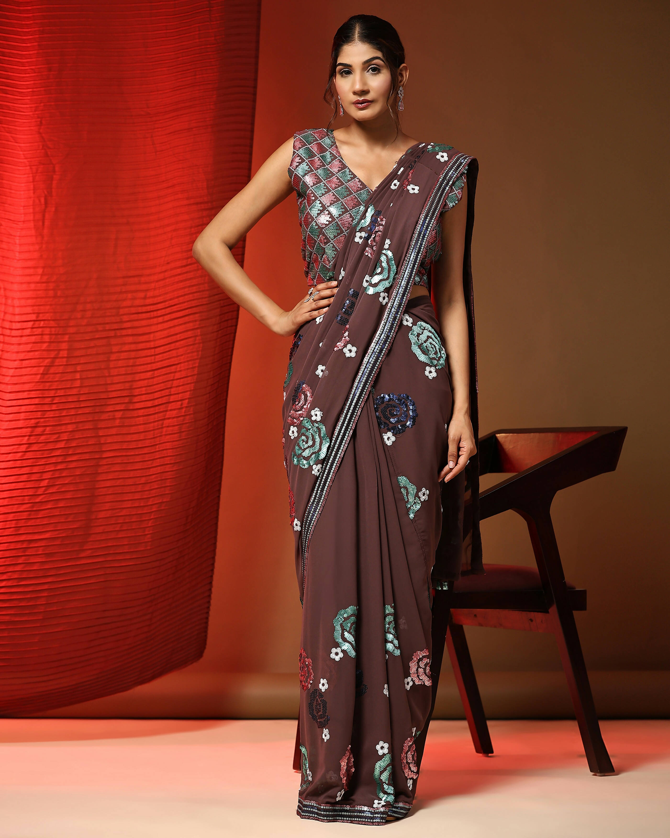 Brown Pure Georgette Sequence work Ready to wear Saree with stitched Blouse - Nirvana | Grocsy