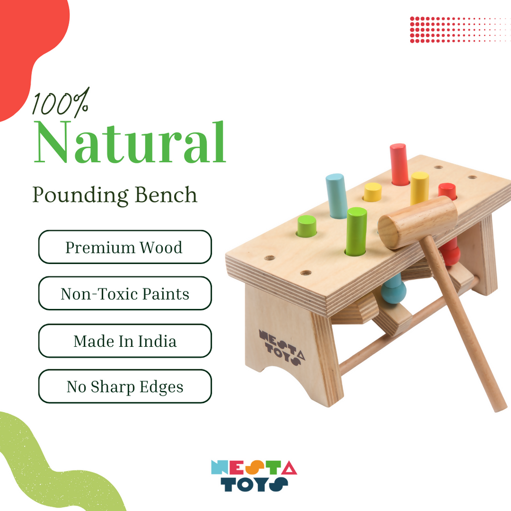 Nesta Toys Wooden Pounding Bench Toy with Hammer, Montessori Toy for Babies & Toddlers (1+ Years), STEAM Toddler Toy | Grocsy
