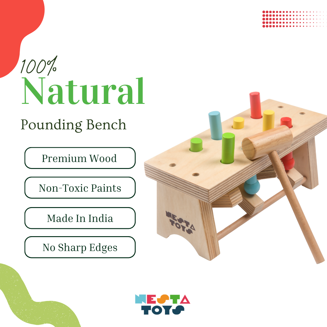Nesta Toys Wooden Pounding Bench Toy with Hammer, Montessori Toy for Babies & Toddlers (1+ Years), STEAM Toddler Toy | Grocsy