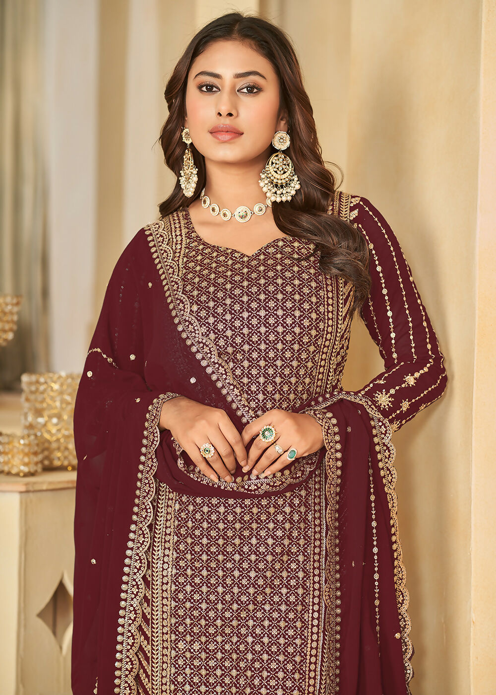 Mesmeric Maroon Faux Georgette Palazzo Suit with Embroidery - Emponline | Grocsy