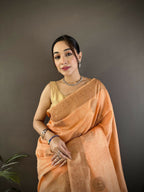 Joban Fashion Orange Floral & Paisley Linen Silk Banarasi Saree | Grocsy
