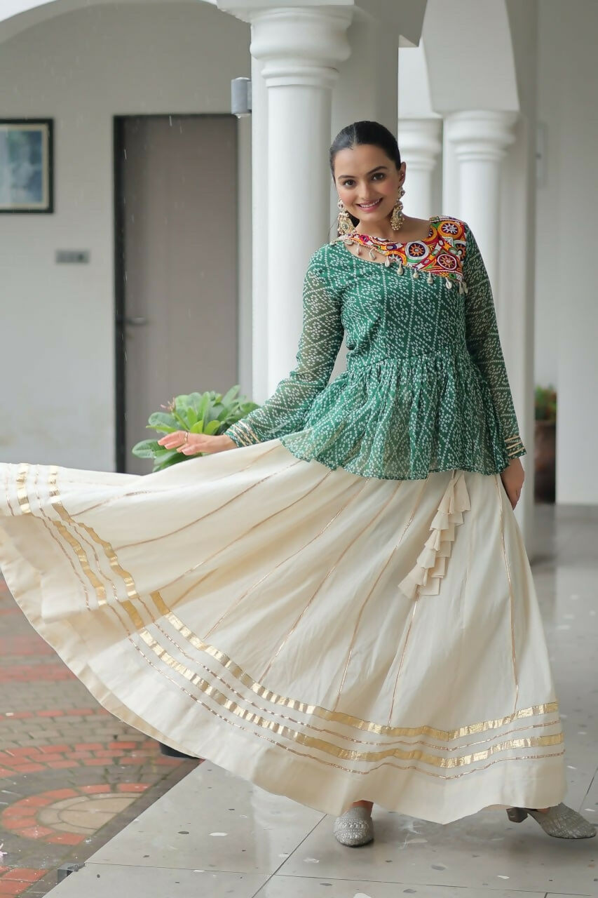 Teeya Creation Green And White Colour Cotton Printed Navratri Lehenga Choli | Grocsy