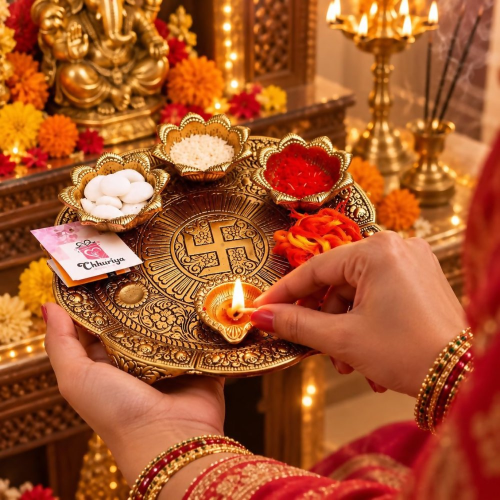 Chhariya Crafts Metal Pooja Thali With Diya | Grocsy