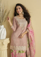Anaita Pink Chinon Readymade Sharara Suit with Embroidery Sequence Work | Grocsy
