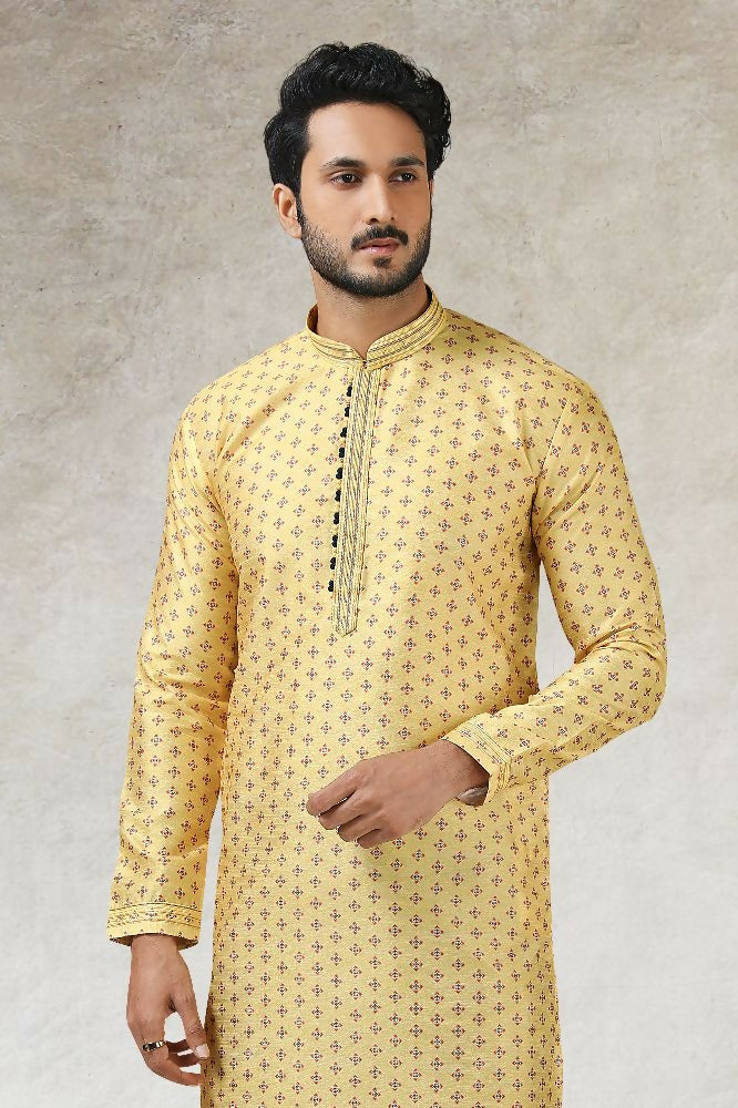 Raivat Ethnic Art Silk Printed Work Kurta Pajama In Yellow Colour | Grocsy