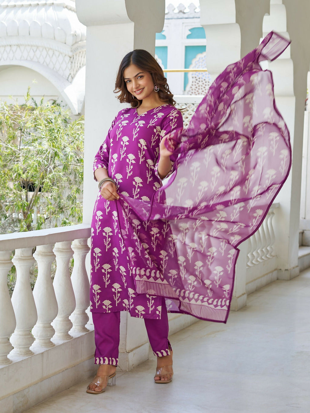 The52 Wine Women's Beautiful Cotton Blend Fabric Printed Work Straight Kurta, Pant and Dupatta Set | Grocsy