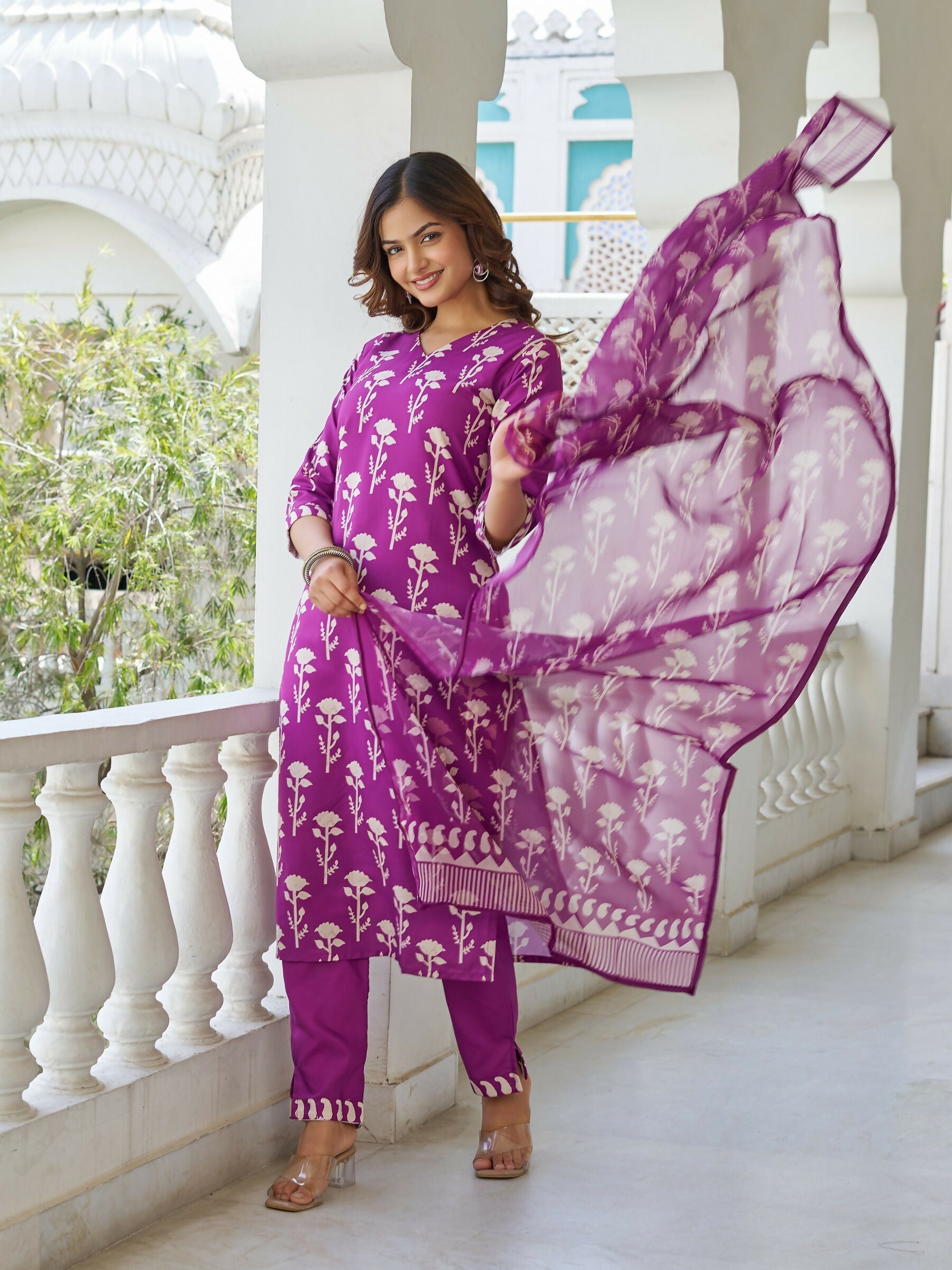 The52 Wine Women's Beautiful Cotton Blend Fabric Printed Work Straight Kurta, Pant and Dupatta Set | Grocsy