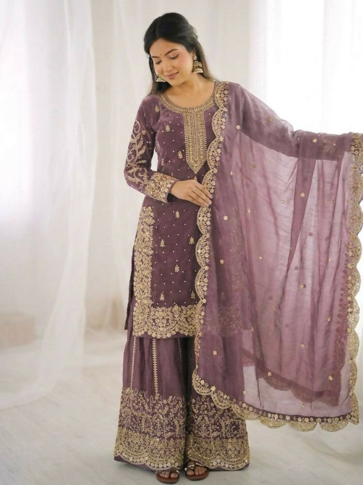Teeya Creation Onion Color Fendy Silk Embroidery Work Wedding Wear Salwar Suit | Grocsy