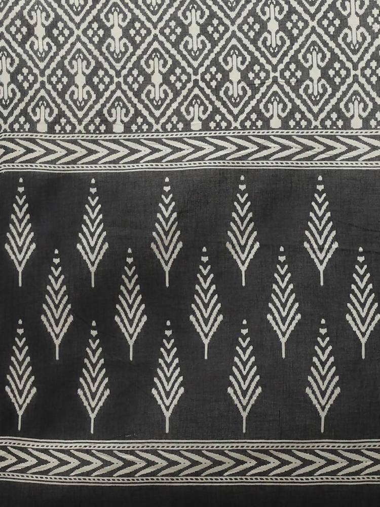 Yufta Women Black & Off-White Ethnic Motifs Printed Thread Work Cotton Kurta Set & Dupatta | Grocsy